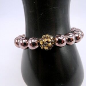 Metallic Mauve Beaded Stretch Bracelet Champagne Rhinestone Disco Ball Bead